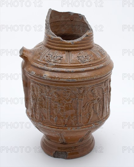 Musketeer jar, brown stoneware with high frieze, in which arcades and musketeers, musketeer jar jug crockery holder ground find