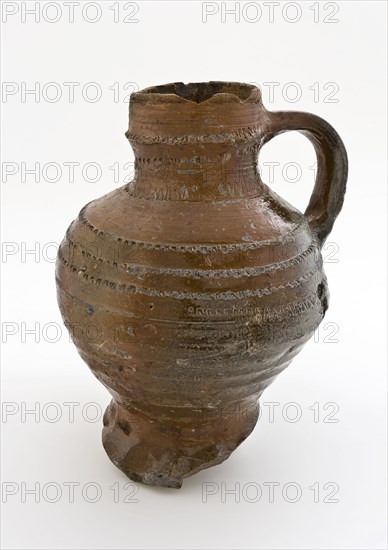 Brown stoneware jug, with rad stamping around neck and shoulder, jug crockery holder soil find ceramic stoneware clay engobe