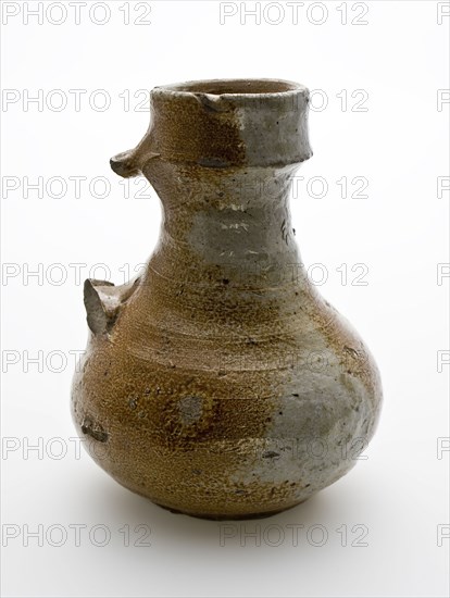 Small stoneware jug with ear, low belly and long, conical neck, jug crockery holder soil find ceramic stoneware clay engobe