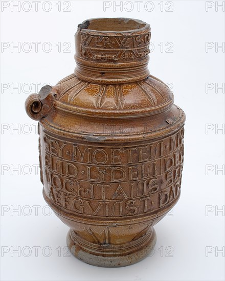 E.M.?, Brown stoneware jug with wide text band around belly and narrow round neck, dated 1568, jug crockery holder soil find