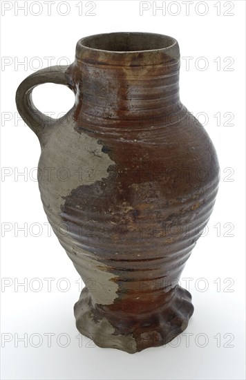 Stoneware jug be on pinched foot, ovoid with cylindrical neck, partly brown loam glaze, jug crockery holder soil find ceramic