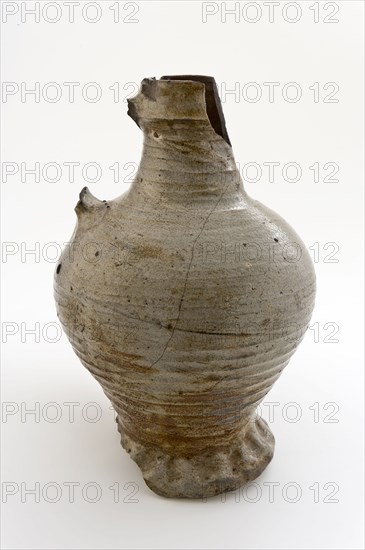 Gray stoneware jug with rings, belly model with conical neck, jug crockery holder soil find ceramic stoneware clay engobe glaze