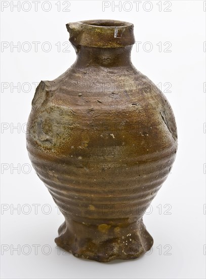 Brown stoneware jug with rings and pinched foot, cuff collar, jug crockery holder soil find ceramic stoneware clay engobe glaze