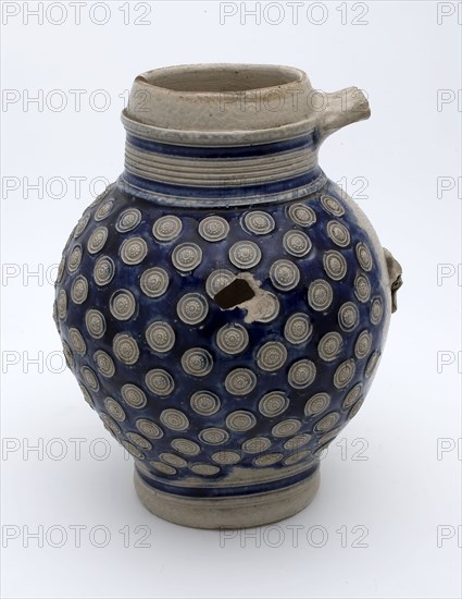 Stoneware bell jar on standing foot completely covered with small appliqués, rosettes, jug crockery holder soil find ceramic