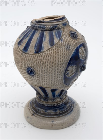 Stoneware funnel cup or jug with kerfsnedecor and two blue rosettes, Funnel neck cup can be crockery holder soil find ceramic