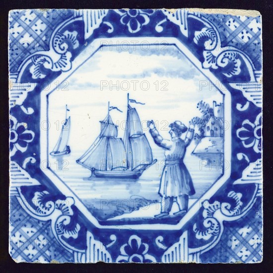 Scene tile with landscape, waving man and sailing ships, wall tile tile sculpture ceramic earthenware glaze, baked 2x glazed