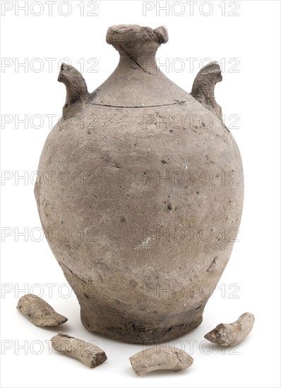 Earthenware jug, ball model with narrow neck and two curled ears, jug holder earth discovery ceramic earthenware, hand-turned