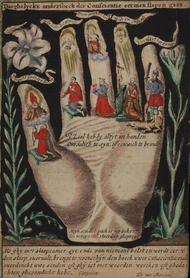 Th. van Merlen, Picture with an image hand, with human figure drawn in each finger representing an assignment written above