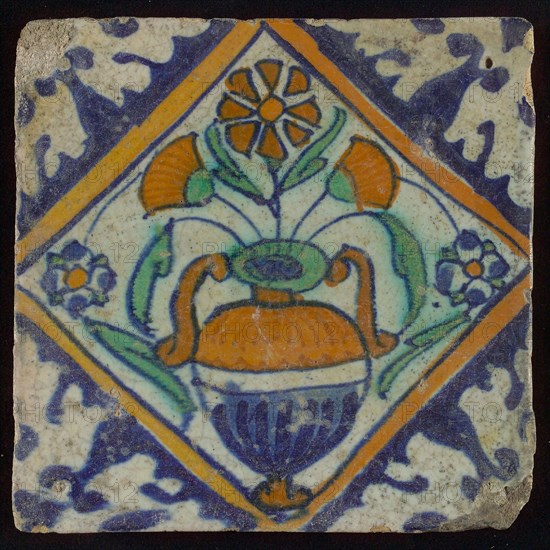 Tile, orange, brown, green and blue on white, flowerpot in square, corner pattern palm, wall tile tile sculpture ceramic