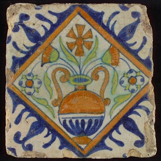 Tile, orange, brown, green and blue on white, flowerpot in square, corner pattern palm, wall tile tile sculpture ceramic