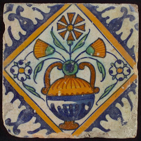 Tile, orange, brown, green and blue on white, flowerpot in square, corner pattern palmet, wall tile tile sculpture ceramic