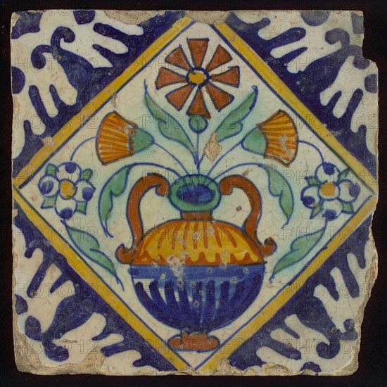 Tile, orange, brown, green, and blue on white, flowerpot in square, corner pattern palm, wall tile tile sculpture ceramic