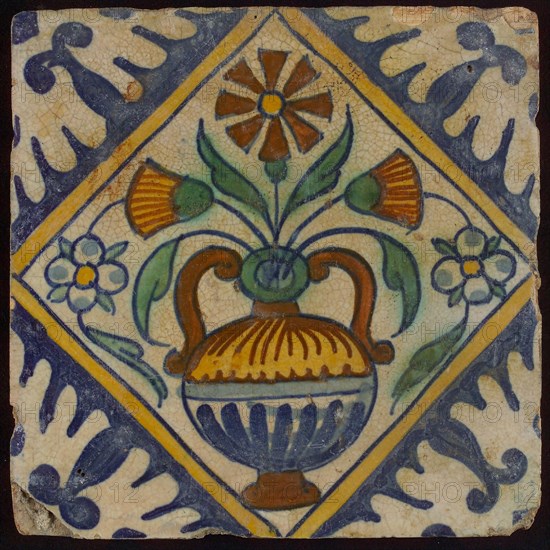 Tile, orange, brown, green, and blue on white, flowerpot in square, corner pattern palm, wall tile tile sculpture ceramic