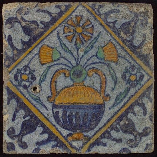 Tile, orange, brown, green, and blue on white, flowerpot in square, corner pattern palm, wall tile tile sculpture ceramic