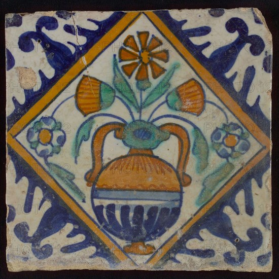 Tile, orange, brown, green, and blue on white, flowerpot in square, corner pattern palm, wall tile tile sculpture ceramic