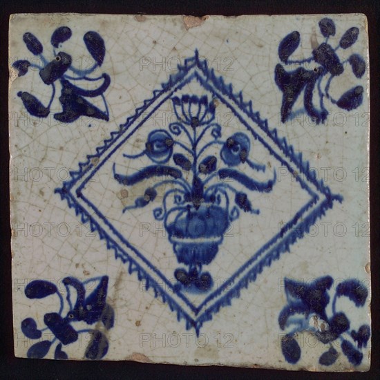 Tile, flower pot in blue on white, inside serrated squared, corner pattern french lily, wall tile tile sculpture ceramic