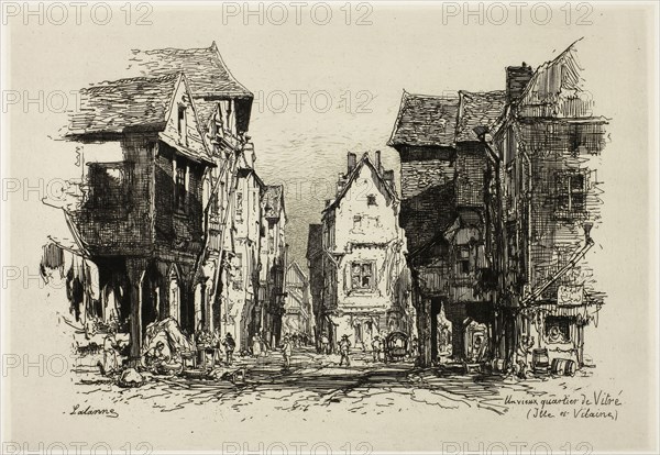 An Old Quarter of Vitré, Ille-et-Vilaine, 1879, Maxime Lalanne, French, 1827-1886, France, Etching and drypoint on cream China paper, laid down on ivory wove paper, 185 × 270 mm (primary support), 329 × 436 mm (secondary support)