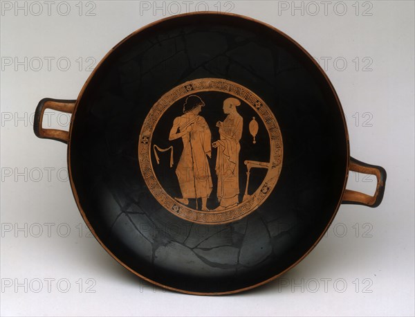 Kylix (Drinking Cup), about 460 BC, Attributed to the Penthesilea Painter, Greek, Athens, Ancient Greece, terracotta, decorated in the red-figure technique, 14.2 × 45 × 37 cm (5 5/8 × 17 3/4 × 14 1/4 in.)