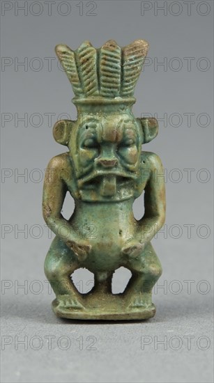 Amulet of the God Bes, Third Intermediate Period, Dynasty 21–25 (1070–656 BC), Egyptian, Egypt, Faience, 4.1 × 1.9 × 1.3 cm (1 5/8 × 3/4 × 1/2 in.)