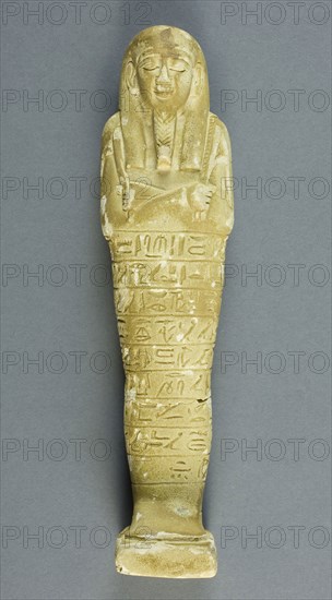 Shabti of Psamtek, Late Period, Dynasty 26–31 (664–332 BC), Egyptian, Saqqara, Egypt, Faience, 19.5 × 5 × 4 cm (7 5/8 × 2 × 1 9/16 in.)