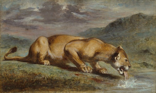 Wounded Lioness, 1840/50, Pierre Andrieu, French, 1821-1892, France, Oil on canvas, 33.4 × 56.3 cm (13 1/8 × 22 1/8 in.)