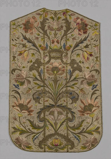 Chasuble (Back), 1701/25, Italy, Silk, plain weave, embroidered with silk, gilt-metal strip, and gilt-metal-strip-wrapped silk in double running, satin, and padded satin stitches, laid work and couching, paillettes, 101.5 × 65.8 cm (40 × 25 7/8 in.)
