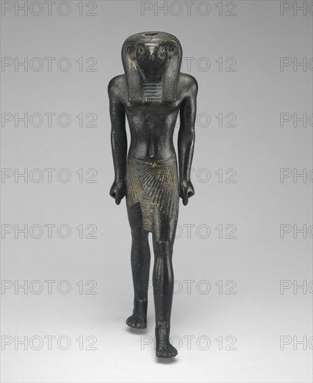 Statuette of Re-Horakhty, Third Intermediate Period-Late Period, Dynasty 21–26 (about 1069–525 BC), Egyptian, Egypt, Copper alloy with gilding, 25 × 8.3 × 10.5 cm (9 7/8 × 3 1/4 × 4 1/8 in.)