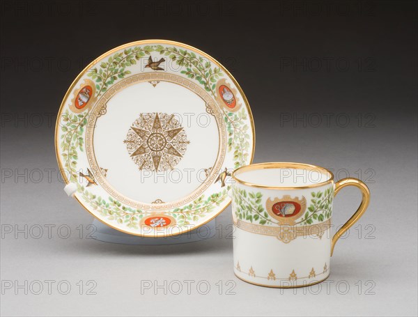 Cup and Saucer, 1839/40, Sèvres Porcelain Manufactory, French, founded 1740, Sèvres, Hard-paste porcelain with polychrome enamels and gilding, Cup: 6.4 x 8.7 cm (2 1/2 x 3 7/16 in.), Saucer: 2.9 x 13.5 cm (1 1/8 x 5 5/16 in.)