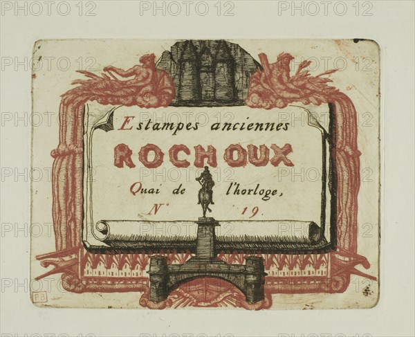 Address-Card of the Printseller, Rochoux, c. 1855, Charles Meryon (French, 1821-1868), printed by Auguste Delâtre (French, 1822-1907), France, Etching, from two plates, one printed in black and the other in red, on ivory laid paper, 92 × 120 mm (image), 92 × 120 mm (plate), 138 × 160 mm (sheet)