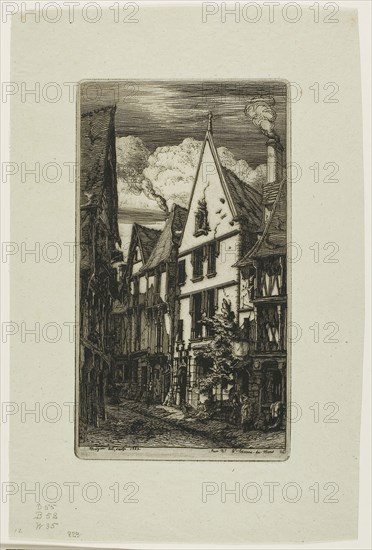 Rue des Toiles, Bourges, 1853, Charles Meryon, French, 1821-1868, France, Etching and drypoint on verdâtre (greenish) laid paper, 211 × 119 mm (image), 211 × 119 mm (plate), 296 × 197 mm (sheet)