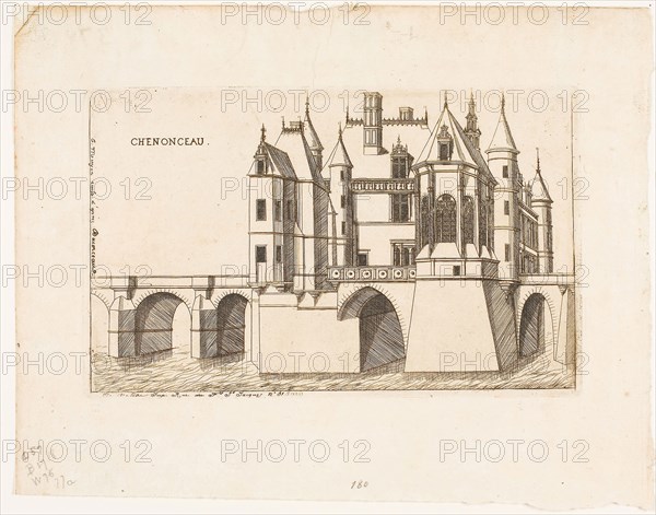 The Château of Chenonceau, no. 2, 1856, Charles Meryon (French, 1821-1868), after Jacques Androuet du Cerceau (French, c. 1515-1585), printed by Auguste Delâtre (French, 1822-1907), France, Etching on ivory laid paper, 114 × 185 mm (image), 117 × 187 mm (plate), 189 × 242 mm (sheet)