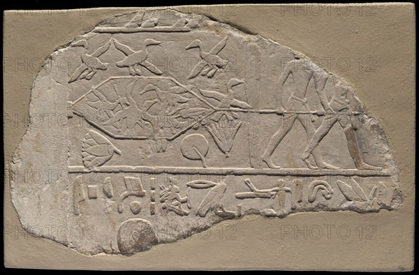 Fragment of a Stela Depicting Fowling in the Marshes, First Intermediate Period, Dynasty 10 (about 2186–2061 BC), Egyptian, Saqqara, Sakkara, Limestone with traces of pigment, 20.3 × 35.5 × 7.5 cm (8 × 14 × 3 in.)