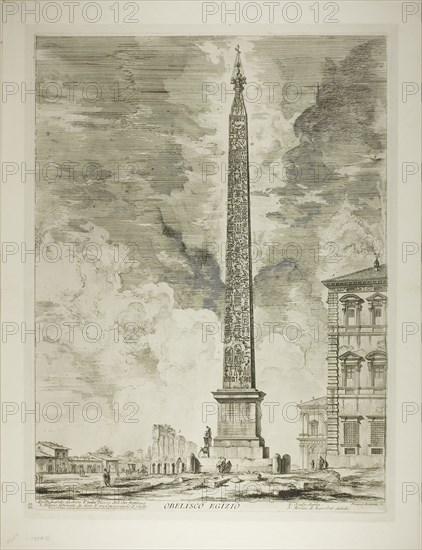 Egyptian Obelisk. This was erected by Pope Sixtus V in the Piazza of St. John Lateran, from Views of Rome, 1750/59, Giovanni Battista Piranesi, Italian, 1720-1778, Italy, Etching on heavy ivory laid paper, 530 x 400 mm (image), 544 x 407 mm (plate), 623 x 479 mm (sheet)