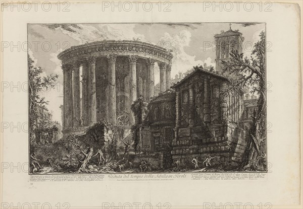 View of the Temple of the Sibyl at Tivoli, from Views of Rome, 1761, Giovanni Battista Piranesi, Italian, 1720-1778, Italy, Etching on heavy ivory laid paper, 403 x 635 mm (image), 425 x 637 mm (plate), 542 x 792 mm (sheet)