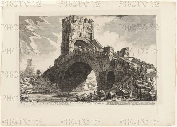 View of the Ponte Salario, from Views of Rome, 1750/59, Giovanni Battista Piranesi, Italian, 1720-1778, Italy, Etching on heavy ivory laid paper, 383 x 609 mm (image), 406 x 616 mm (plate), 555 x 771 mm (sheet)