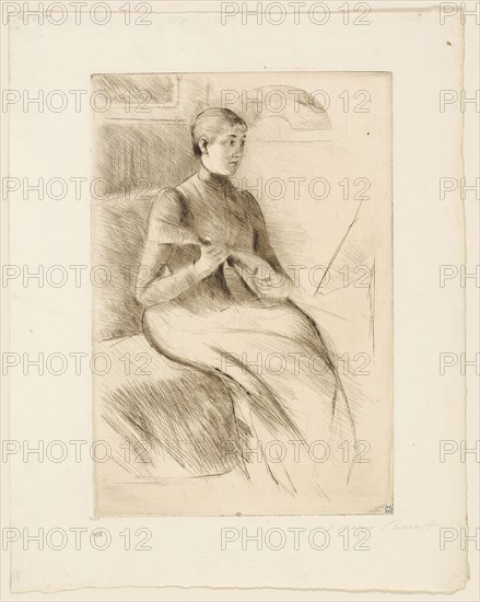 The Mandolin Player, c. 1889, Mary Cassatt, American, 1844-1926, United States, Etching on in warm dark brown ink white laid paper, 232 x 158 mm (image/plate), 303 x 240 mm (sheet)