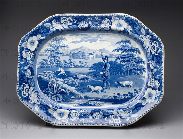 Platter, Mid 19th century, England, Staffordshire, Staffordshire, Earthenware with blue transfer-printed decoration, 53.3 x 27.5 cm (21 x 11 in.)