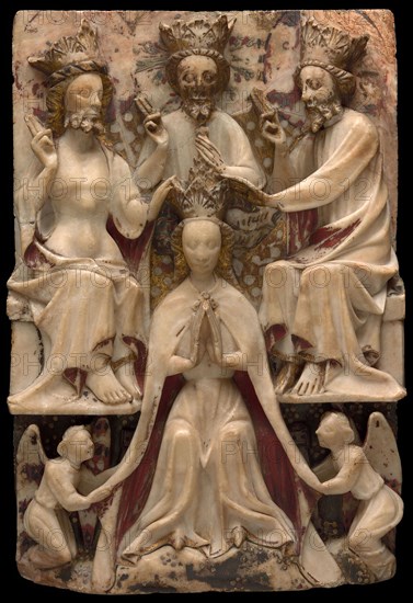 The Coronation of the Virgin, 15th century, English, Nottingham, Alabaster with polychromy and gilding, 40 × 27.3 cm (20 1/2 × 13 in.)