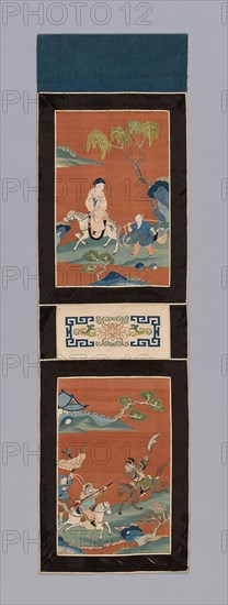 Panel (For a Screen), Qing dynasty (1644–1911), 1875/1900, China, Panels: Silk, gold-leaf-over-lacquered-paper-wrapped silk, slit tapestry weave with extended weft and interlaced outlining wefts, painted, borders: silk and cotton, warp-float faced 5:1 satin weave, inner and outer edges: silk, warp-float faced 4:1 satin weave, lining: cotton, plain weave, 95.6 × 26.7 cm (37 5/8 × 10 1/2 in.)