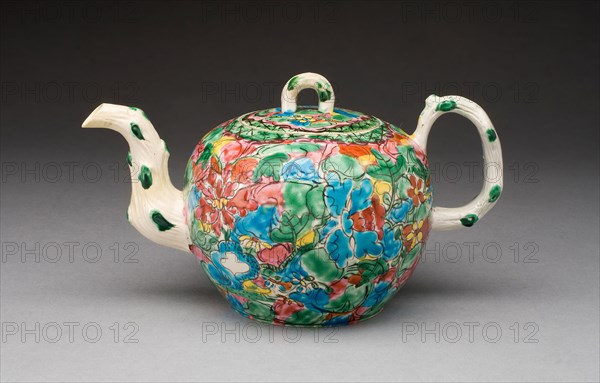 Teapot, c. 1760, England, Staffordshire, Staffordshire, Salt-glazed stoneware, polychrome enamels, 11.1 x 10.8 cm (4 3/8 x 4 1/4 in.)