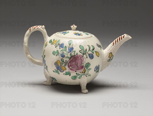 Teapot, 1750/65, England, Staffordshire, Staffordshire, Salt-glazed stoneware with polychrome enamel decoration, 16.2 × 8.1 cm (6 3/8 × 3 3/16 in.)