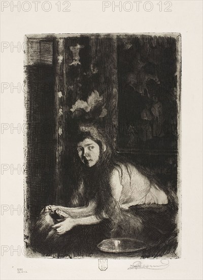 Woman with a Vase, 1894, Albert Besnard, French, 1849-1934, France, Etching and aquatint on white laid paper, 196 × 138 mm (plate), 312 × 246 mm (sheet)