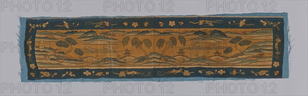 Valance, Qianlong Period, Qing dynasty (1644–1911), 1875/1900, China, Horizontal. Tan ground with design in colors and gold, blue border with flower sprays., 24.8 × 99.7 cm (9 3/4 × 39 1/4 in.)