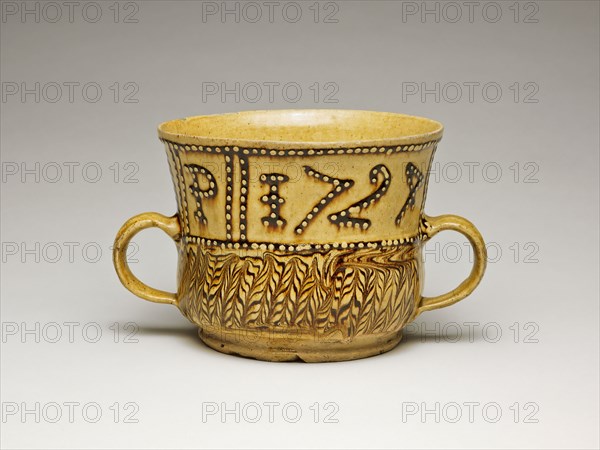 Cup, 1724, Staffordshire, England, Staffordshire, Earthenware with slipware decoration, 21.8 × 12.9 cm (8 9/16 × 5 1/16 in.)