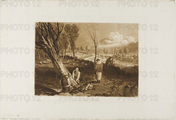 Hedging and Ditching, plate 47 from Liber Studiorum, published May 23, 1812, Joseph Mallord William Turner (English, 1775-1851), Engraved by J.C. Easling, England, Etching and engraving in brown on off-white paper, 185 × 260 mm (image), 211 × 292 mm (plate), 299 × 439.5 mm (sheet)
