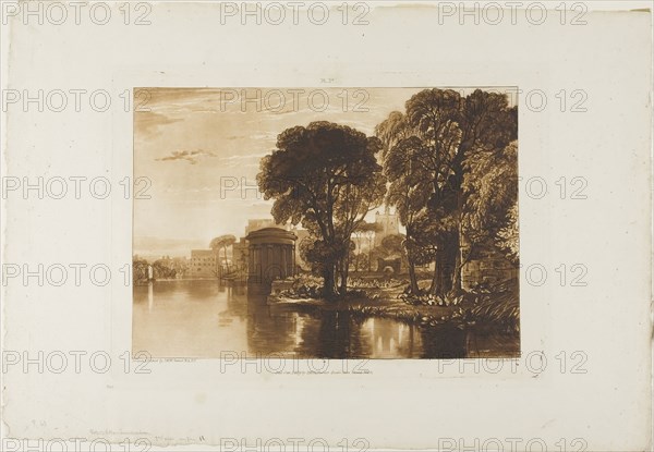 Isleworth, plate 63 from Liber Studiorum, published January 1, 1819, Joseph Mallord William Turner (English, 1775-1851), Engraved by H. Dawe, England, Etching and engraving in brown on ivory wove paper