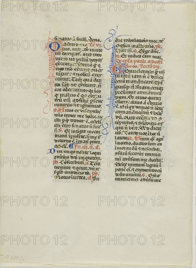 Illuminated Manuscript Leaf, c. 1450, Italian, Italy, Manuscript cutting with round gothic inscriptions in black, red and blue inks, and decorations in red and blue inks, on vellum, 162 x 117 mm