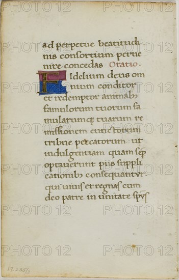 Illuminated Manuscript Leaf, c. 1450, Italian, Italy, Manuscript cutting with roman small letter inscriptions in black and dark brown inks, tempera and gold leaf illuminated letters, and decorations in red and lavender inks, on vellum, 147 x 94 mm