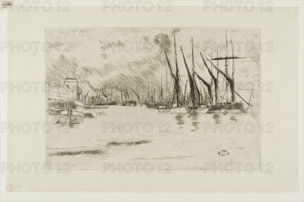 Pickle Herring Wharf, 1876/77, James McNeill Whistler, American, 1834-1903, United States, Etching and drypoint with foul biting in black ink on ivory laid paper, 151 x 228 mm (plate), 197 x 308 mm (sheet)