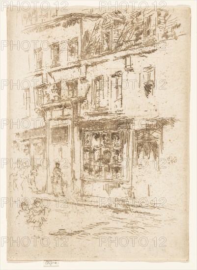 Petite Rue au Beurre, Brussels, 1887, James McNeill Whistler, American, 1834-1903, United States, Etching with foul biting in brown ink on ivory laid paper, 134 x 97 mm (image, trimmed within plate mark), 137 x 97 mm (sheet)